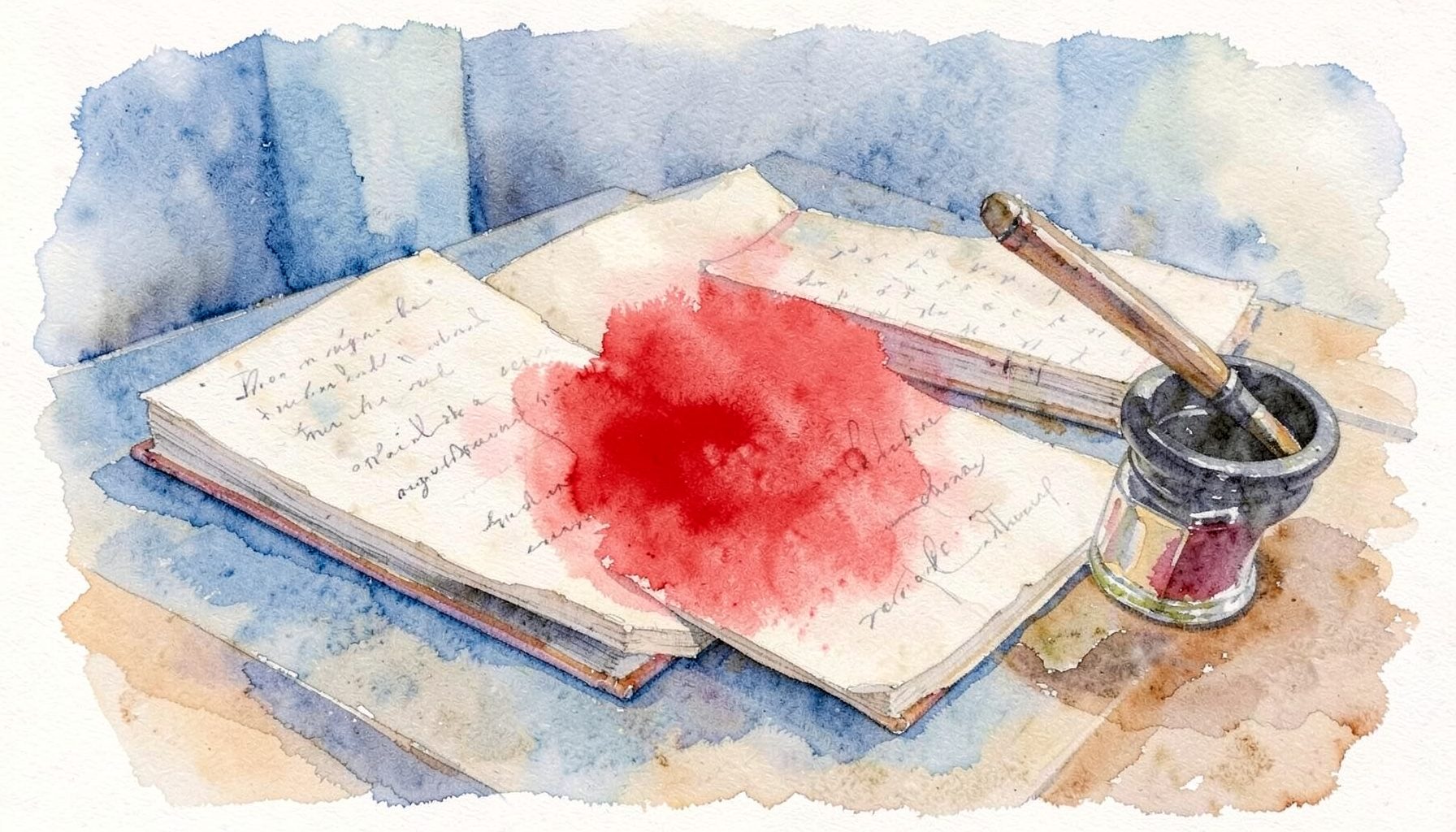 Акварельная зарисовка авторского стола с рукописями и чернильницей в синих и песочных оттенках