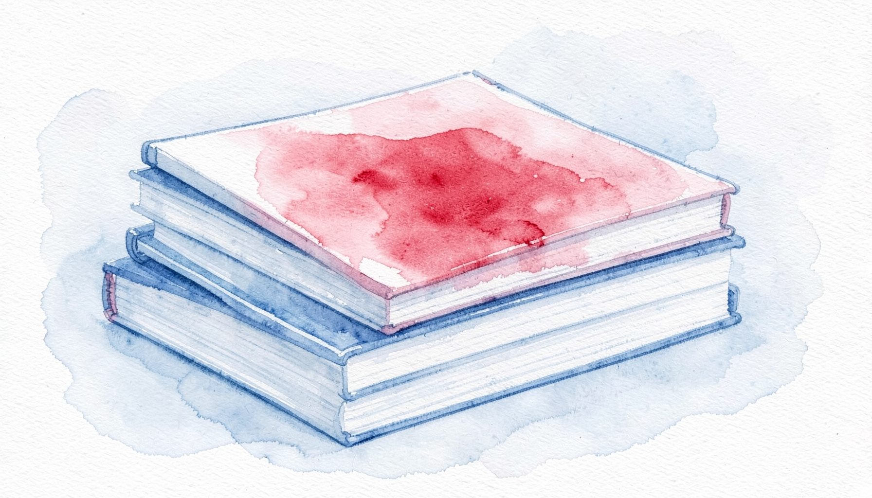 Акварельная иллюстрация стопки новых книг в бело-голубых тонах с мягким светом