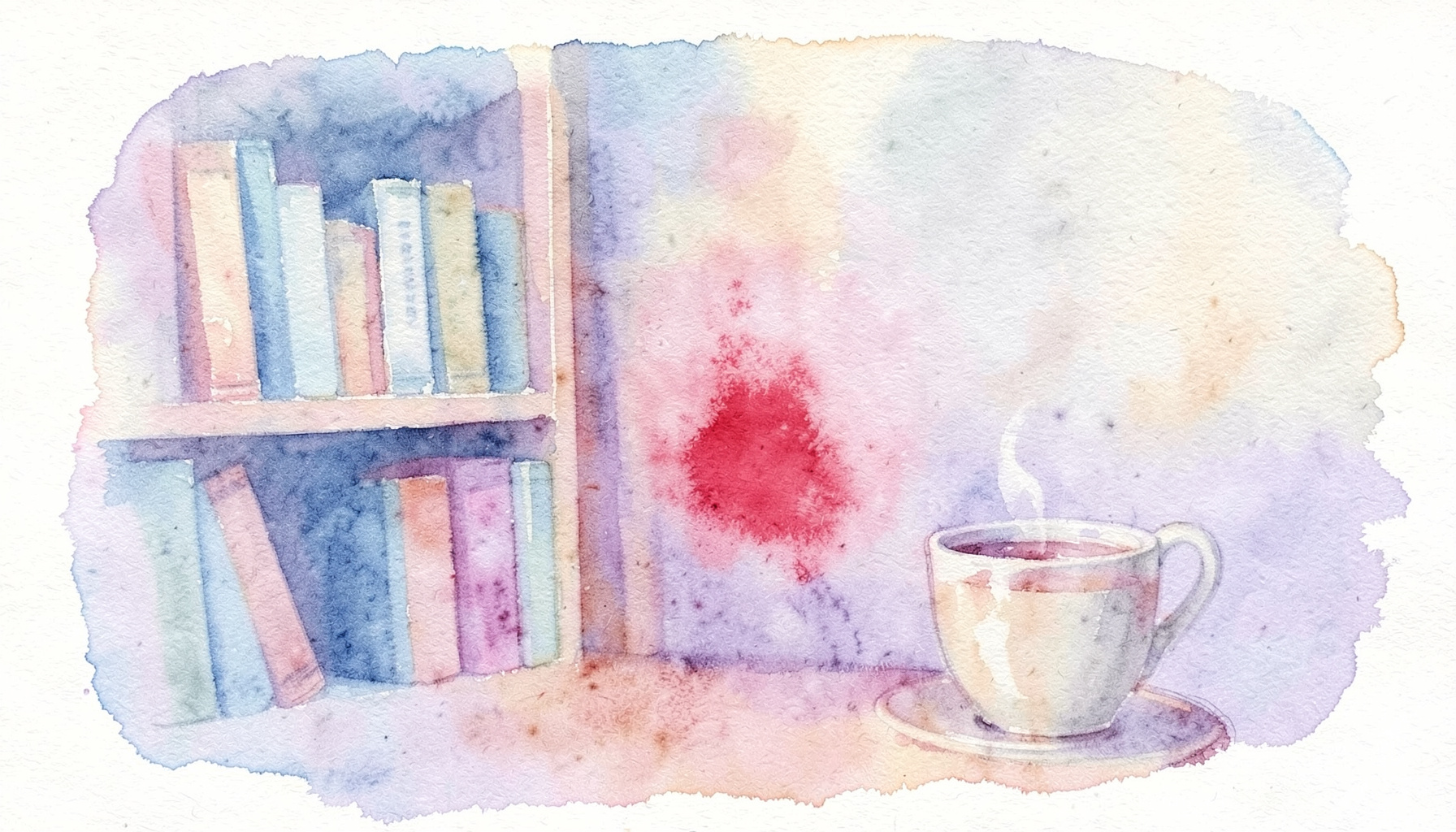 Акварельный пейзаж с книжной полкой и чашкой чая в мягкой пастельной палитре — голубой, песочный, лавандовый